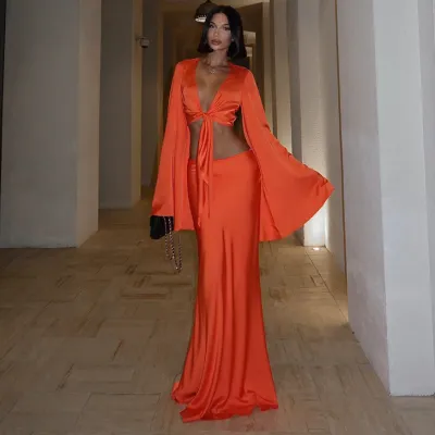 Women Fashion Sexy Solid Color Long-Sleeve Lace-Up Crop Top A Swing Maxi Skirt Two-Piece Set