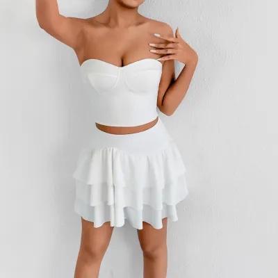 Women Fashion Sexy Summer Solid Color Tube Top Lace Ruffled Mini Skirt Two-Piece Set