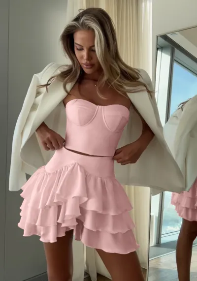 Women Fashion Sexy Summer Solid Color Tube Top Lace Ruffled Mini Skirt Two-Piece Set