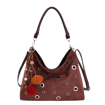 Women Fashion Casual Retro Hollow-Out Rivet Large Capacity Shoulder Bag