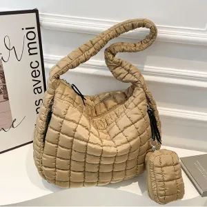 Women Fashion Casual Solid Color Pleated Arge Capacity Cotton Shoulder Bag