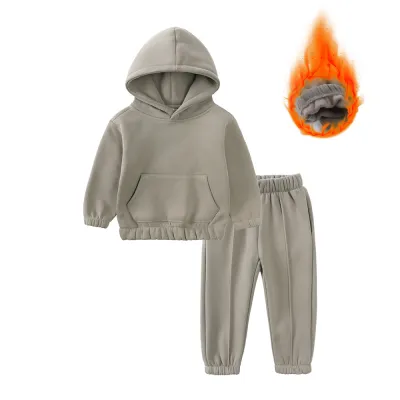 Kids Boys’ Fashion Casual Autumn/Winter Solid Color Thick Fleece Hoodie Pants Two-Piec Set
