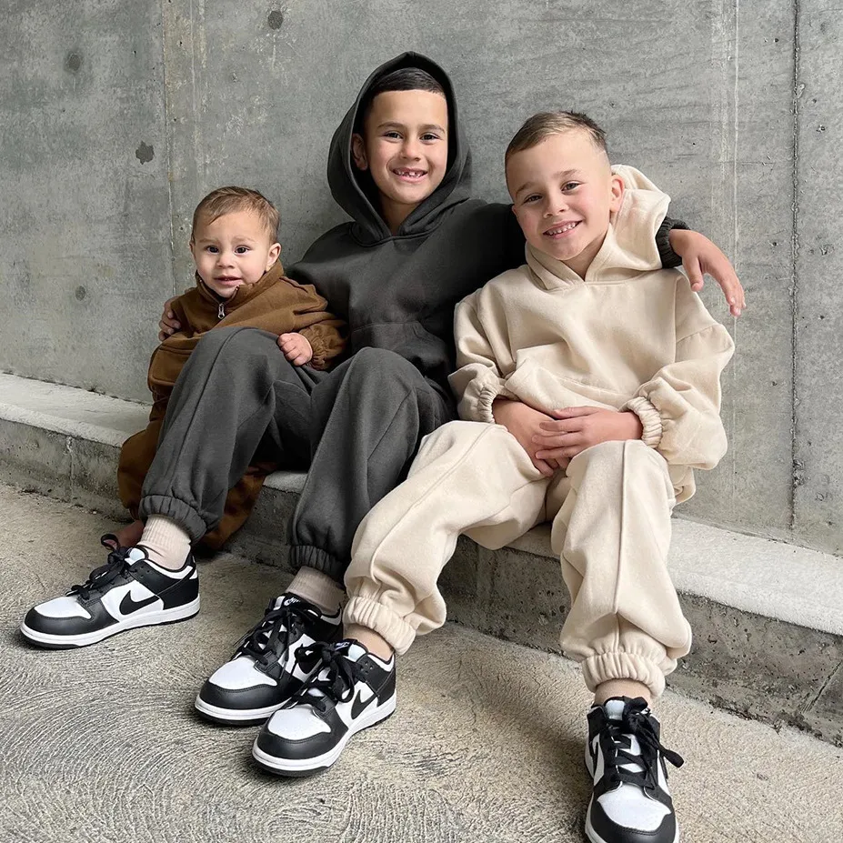 Kids Boys’ Fashion Casual Autumn/Winter Solid Color Thick Fleece Hoodie Pants Two-Piec Set