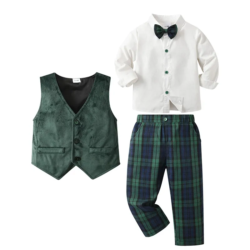 Kids Boys Fashion Spring And Autumn Long-Sleeve Shirt Vest Plaid Pants Party Three-Piece Set