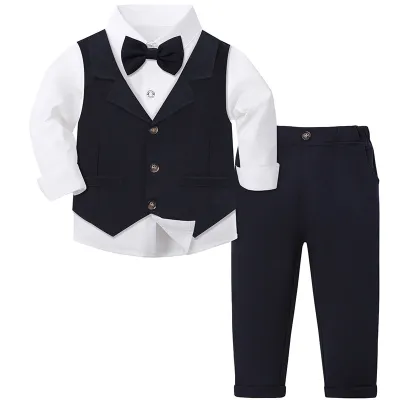 Kids Boys Fashion Solid Color Long-Sleeve Shirt Vest Pants Party Three-Piece Set