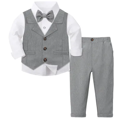 Kids Boys Fashion Solid Color Long-Sleeve Shirt Vest Pants Party Three-Piece Set