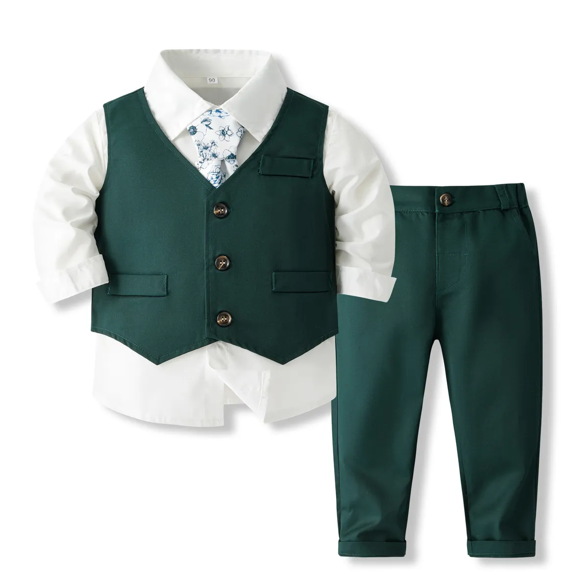 Kids Boy'S Fashion Casual Solid Color Long-Sleeve Shirl Vest Tie Pants Party Four-Piece Set