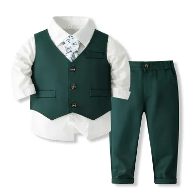 Kids Boy'S Fashion Casual Solid Color Long-Sleeve Shirl Vest Tie Pants Party Four-Piece Set