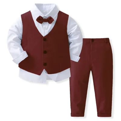 Kids Boys Fashion Casual Solid Color Shirt Vest Pants Banquet Party Three-Piece Set