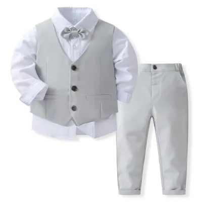 Kids Boys Fashion Casual Solid Color Shirt Vest Pants Banquet Party Three-Piece Set