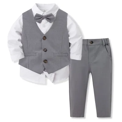 Kids Boys Fashion Casual Solid Color Shirt Vest Pants Banquet Party Three-Piece Set