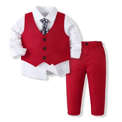 Kids Boys' Fashion Casual Spring And Autumn Shirt Vest Pants Party Three-Piece Set