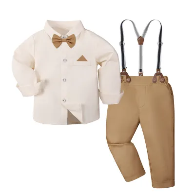 Kids Boys Fahsion Casual Printed Long Sleeve Shirt Overalls Two-Piece Set