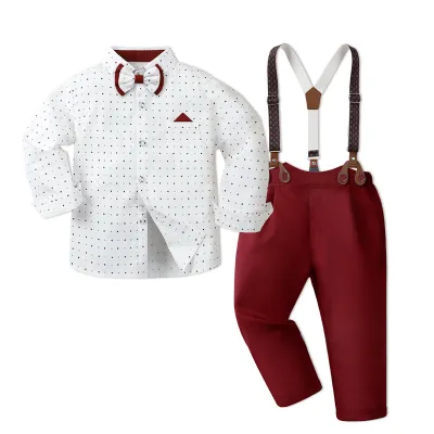 Kids Boys Fahsion Casual Printed Long Sleeve Shirt Overalls Two-Piece Set