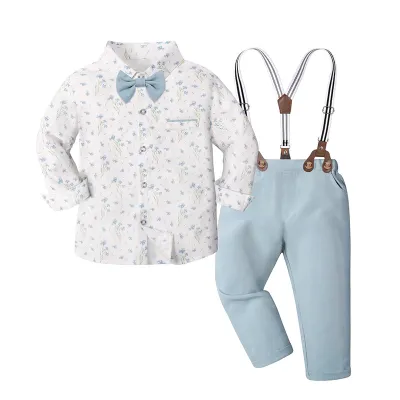 Kids Boys Fahsion Casual Printed Long Sleeve Shirt Overalls Two-Piece Set