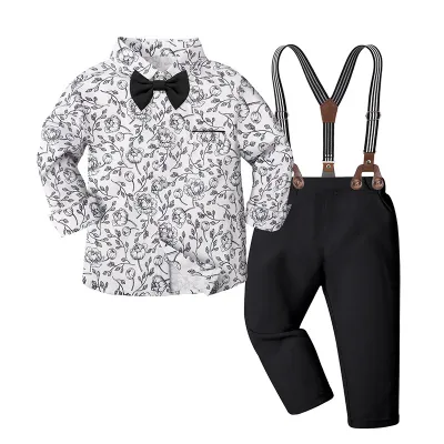 Kids Boys Fahsion Casual Printed Long Sleeve Shirt Overalls Two-Piece Set