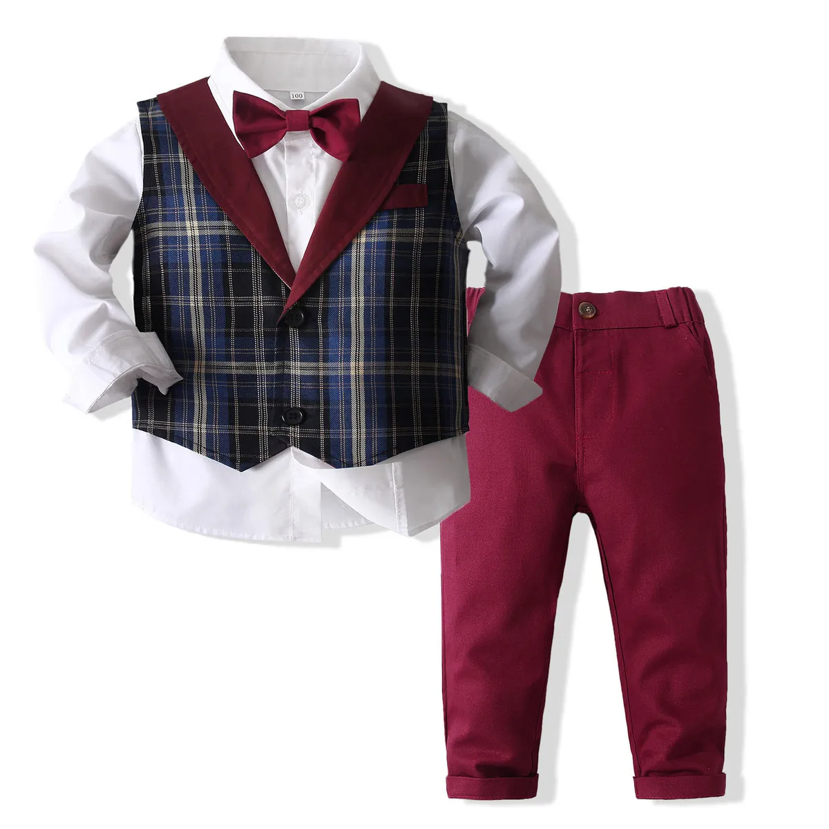 Kids Boys Plaid Vest Shirt Pants Banquet Party Three-Piece Set