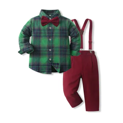 Christmas Kids Baby Boys Fashion Casual Plaid Shirt Overalls Two-Piece Set