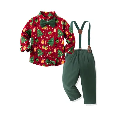 Christmas Kids Baby Boys Fashion Casual Plaid Shirt Overalls Two-Piece Set