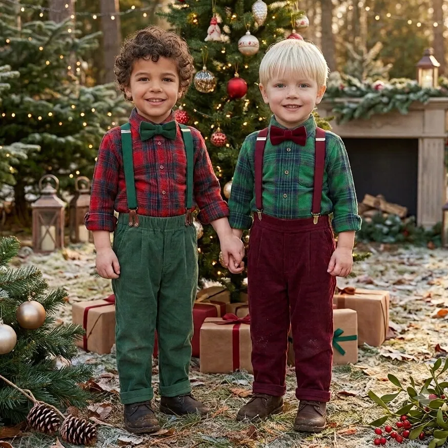 Christmas Kids Baby Boys Fashion Casual Plaid Shirt Overalls Two-Piece Set