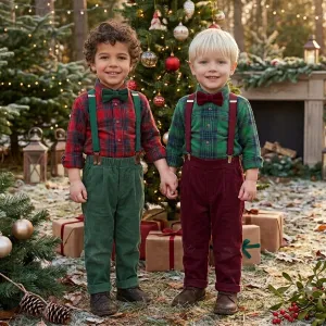 Christmas Kids Baby Boys Fashion Casual Plaid Shirt Overalls Two-Piece Set