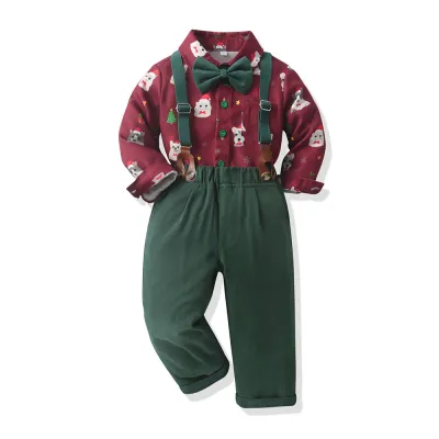 Christmas Kids Baby Boys Printed Long Sleeve Cotton Plaid Shirt Overalls Two-Piece Set
