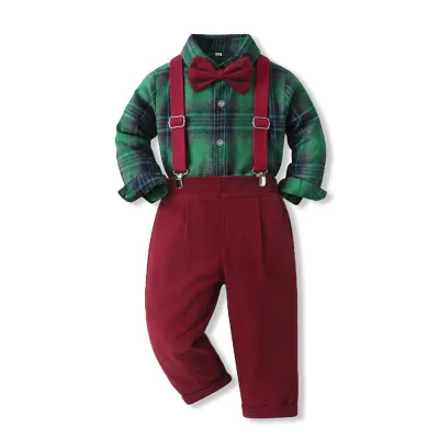 Christmas Kids Baby Boys Printed Long Sleeve Cotton Plaid Shirt Overalls Two-Piece Set