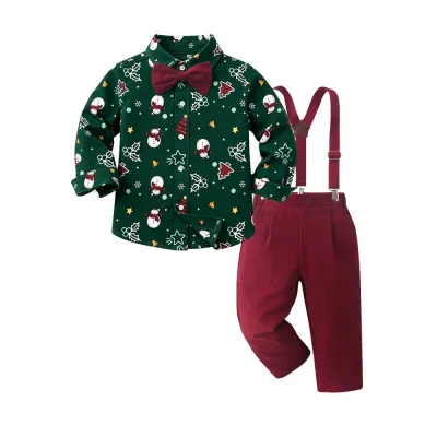 Christmas Kids Baby Boys Printed Long Sleeve Cotton Plaid Shirt Overalls Two-Piece Set