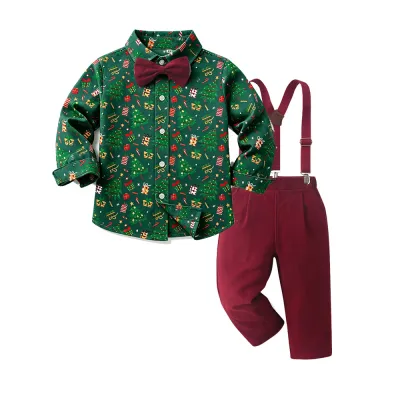 Christmas Kids Baby Boys Printed Long Sleeve Cotton Plaid Shirt Overalls Two-Piece Set