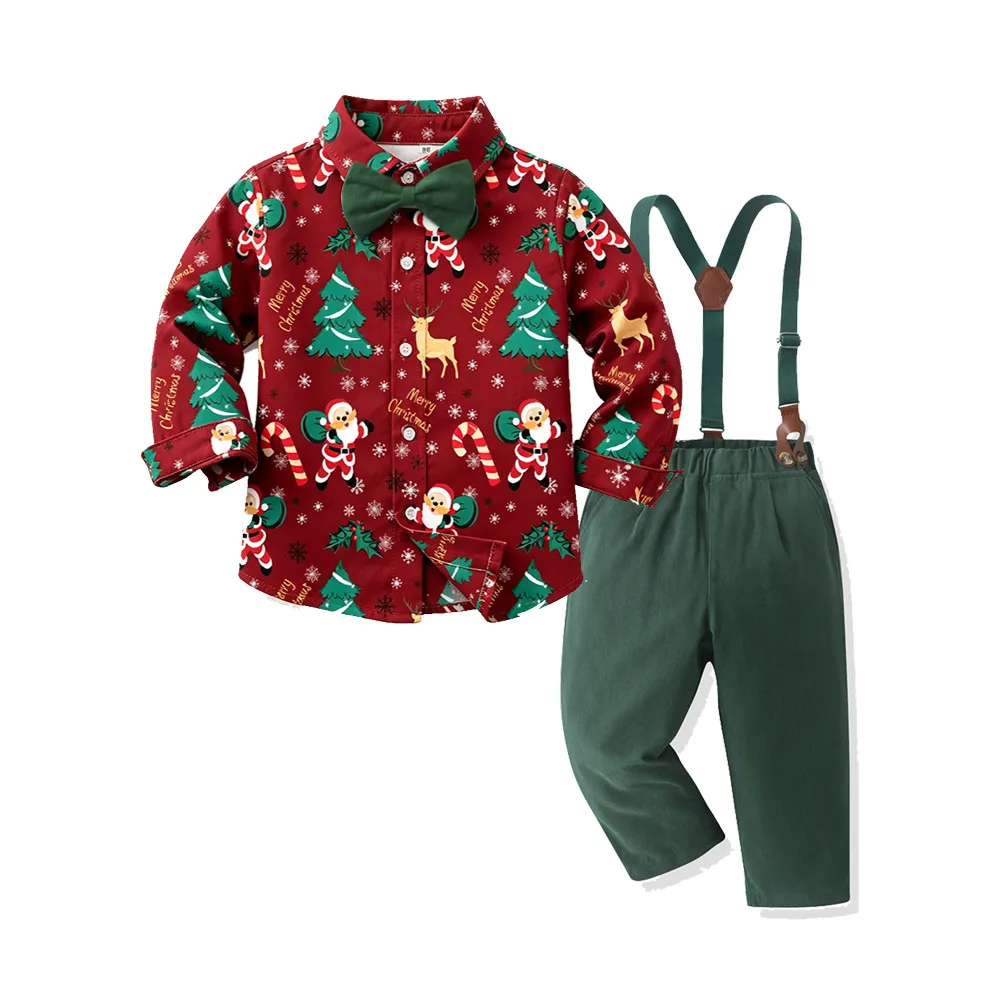 Christmas Kids Baby Boys Printed Long Sleeve Cotton Plaid Shirt Overalls Two-Piece Set