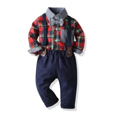 Christmas Kids Baby Boys Printed Long Sleeve Cotton Plaid Shirt Overalls Two-Piece Set