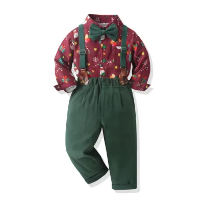 Christmas Kids Baby Boys Printed Long Sleeve Cotton Plaid Shirt Overalls Two-Piece Set