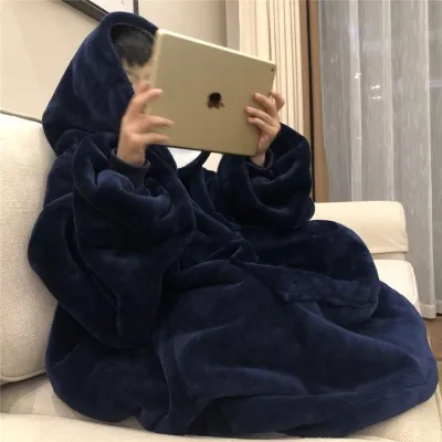 Women Fashion Casual Winter Solid Color Flannel Thickened Long-Sleeve With Hat Nightgown Pajamas