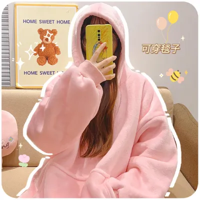 Women Fashion Casual Winter Solid Color Flannel Thickened Long-Sleeve With Hat Nightgown Pajamas