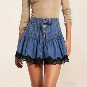 Women Fashion Lace Stitching Denim Skirt