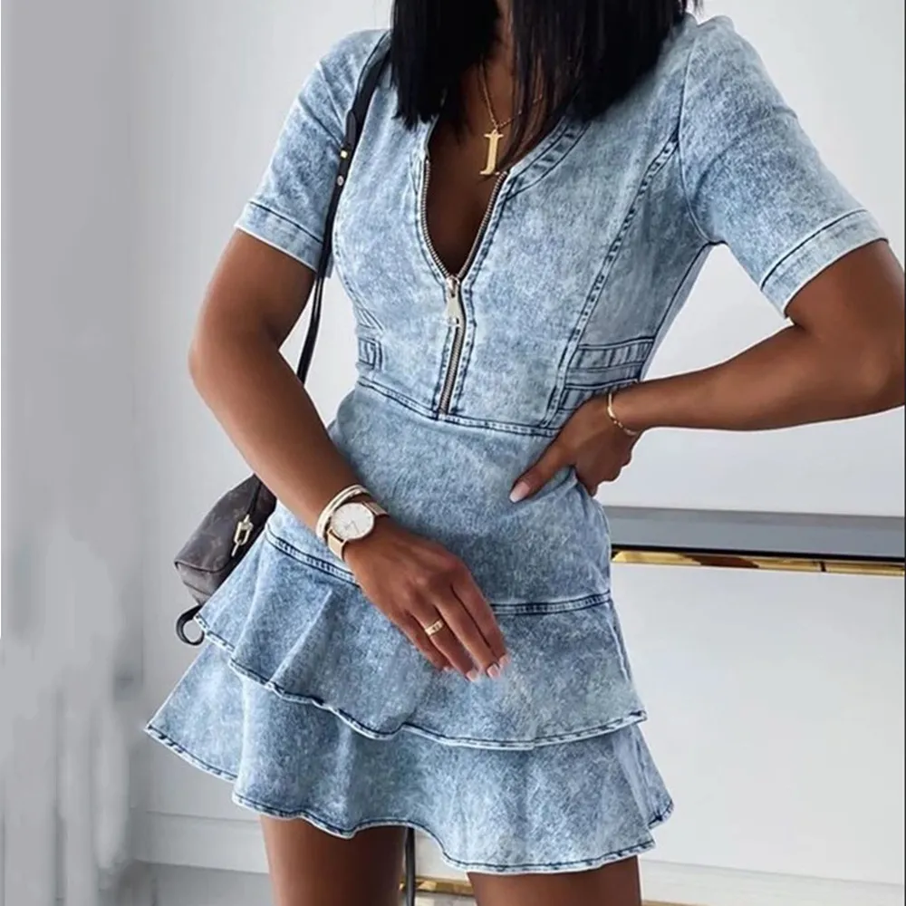 Women Fashion Short Sleeve Zipper Denim Dress