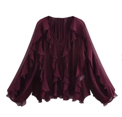 Women Fashion Solid Color Ruffled Long Sleeve Shirt