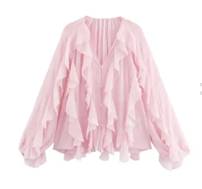 Women Fashion Solid Color Ruffled Long Sleeve Shirt
