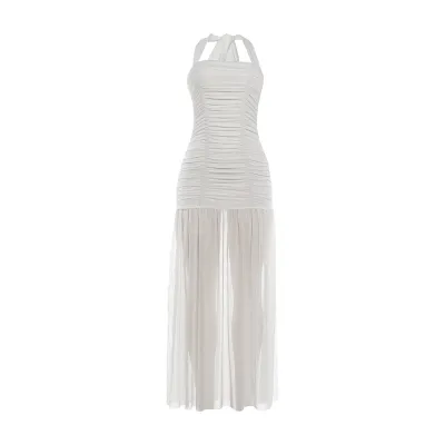Women Sexy Solid Color Neck Stitching Maxi Dress