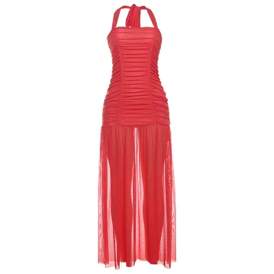 Women Sexy Solid Color Neck Stitching Maxi Dress