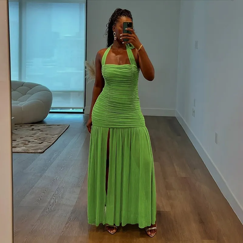 Women Sexy Solid Color Neck Stitching Maxi Dress