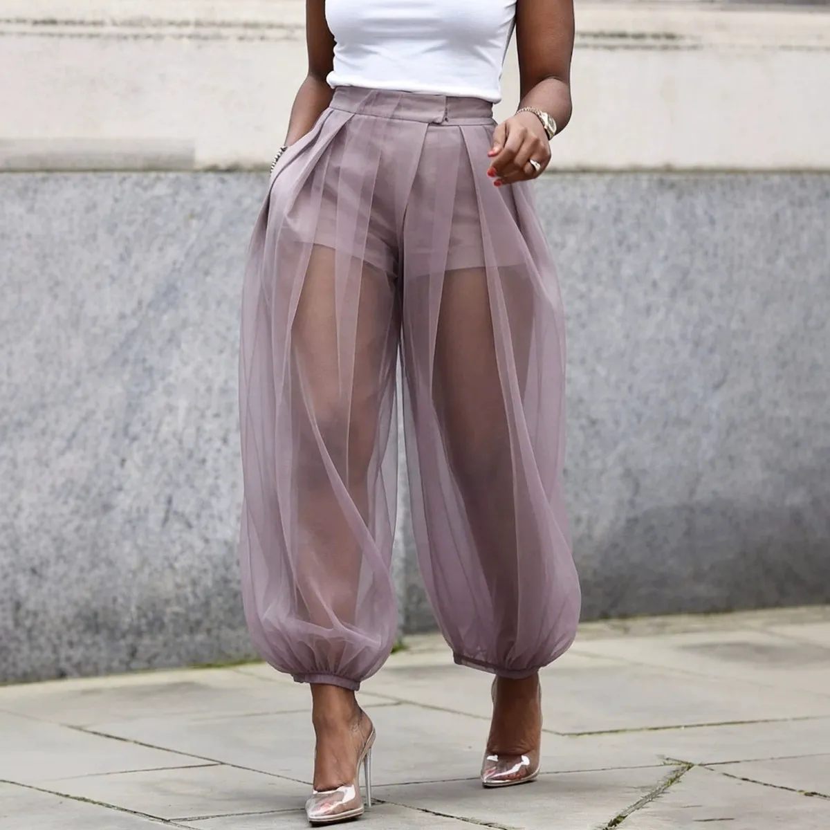 Women Fashion Mesh Perspective Loose Bloomers