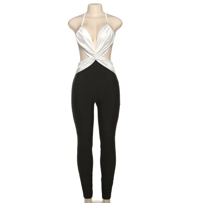Women Backless Sexy Color Block Jumpsuit