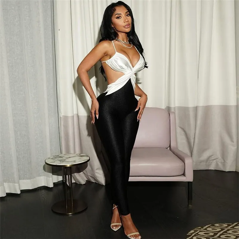 Women Backless Sexy Color Block Jumpsuit