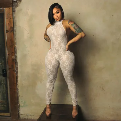 Women Sexy Backless Lace See-Through Neck Jumpsuit
