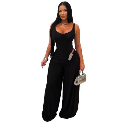 Women Fashion Solid Color U-Neck High Waist Wide Leg Jumpsuits