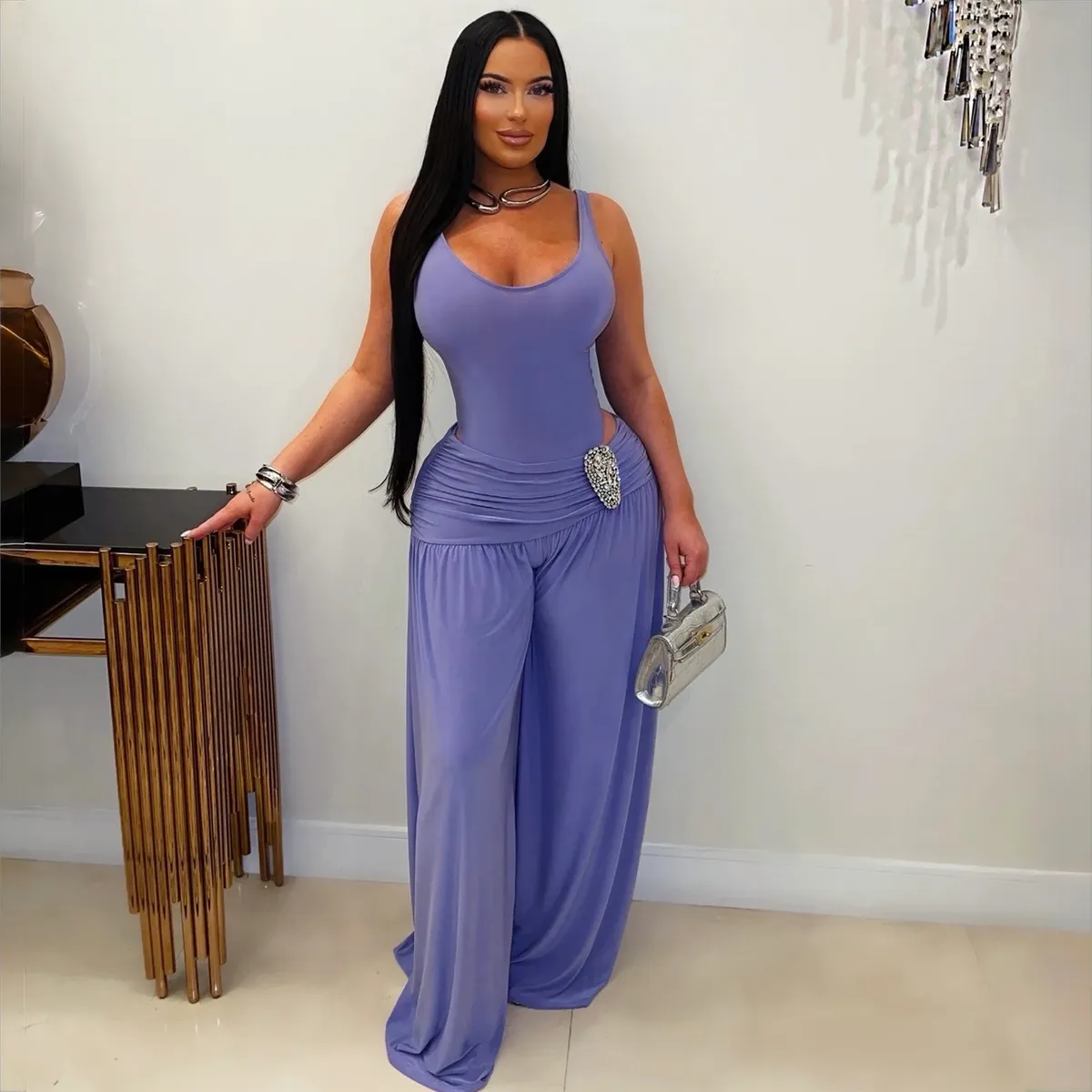 Women Fashion Solid Color U-Neck High Waist Wide Leg Jumpsuits