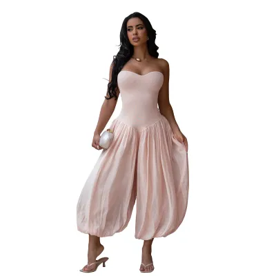 Women Fashion Solid Color Tube Top Loose Jumpsuits