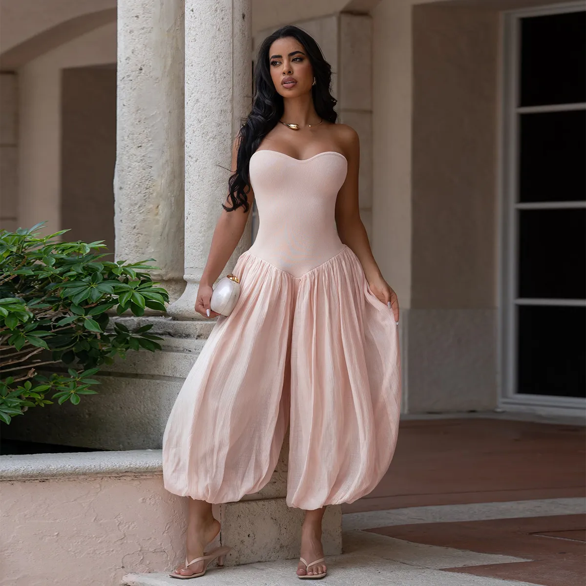 Women Fashion Solid Color Tube Top Loose Jumpsuits