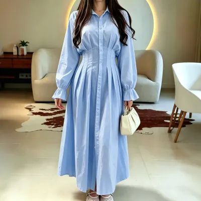 Women Casual Solid Color Long Sleeve Lapel Single Breasted Office Maxi Dress